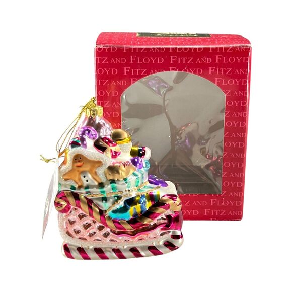 Blown Glass Christmas Ornament Fitz and Floyd Candy Lane Sleigh in Box w/ Tag - Picture 1 of 10